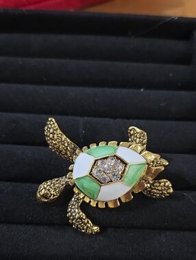 Gold Turtle Brooch with Green and White Enamel and Rhinestone Accents